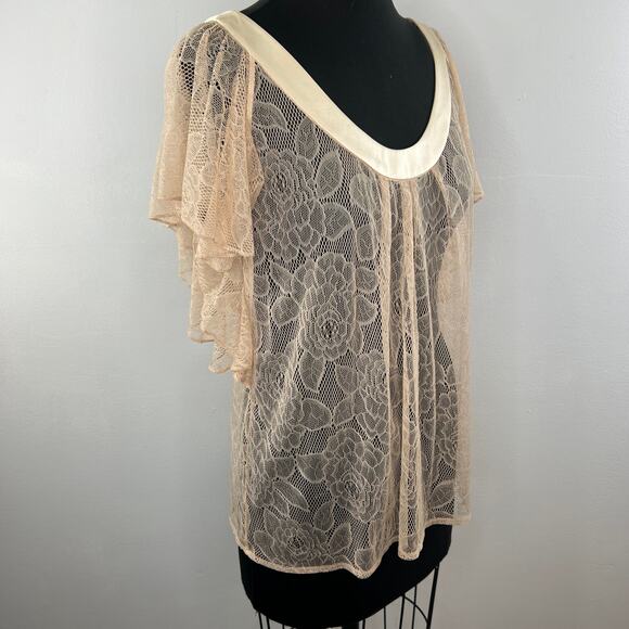 7 For All Mankind 7FAM Beige Nylon Silk Floral Lace Flutter Sleeve Blouse Top M - Picture 2 of 8